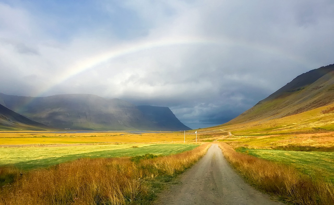 Image - iceland rainbow sky clouds fog