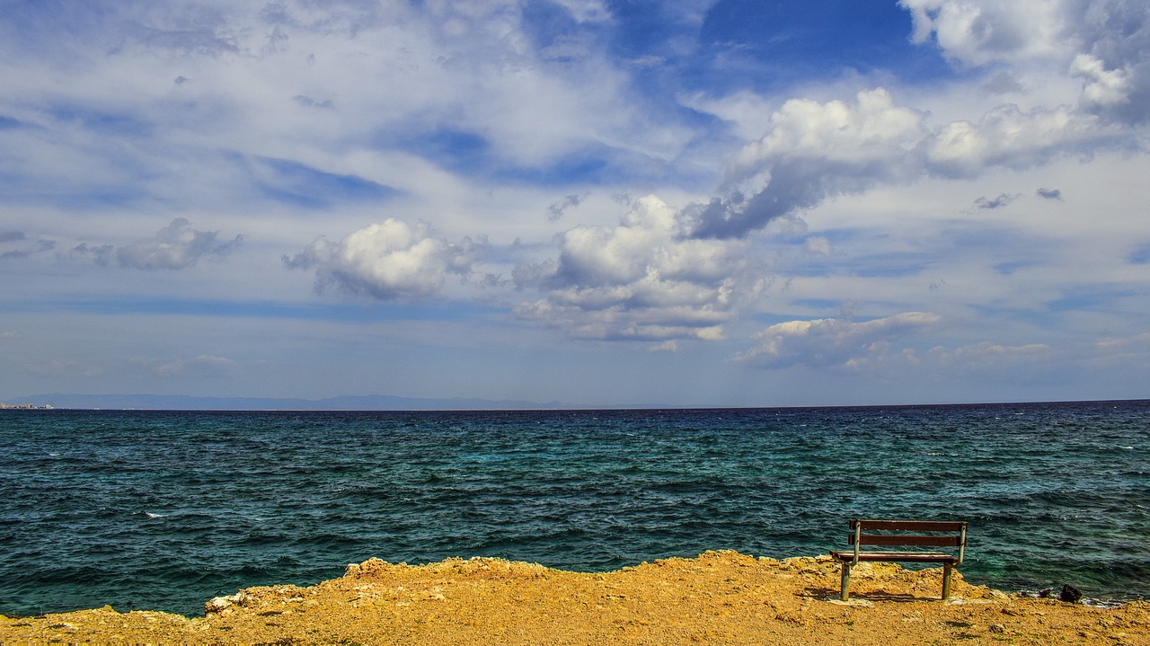 Image - sea horizon sky clouds bench
