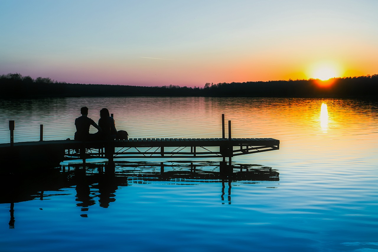 Image - sunset dusk lake dock pier couple