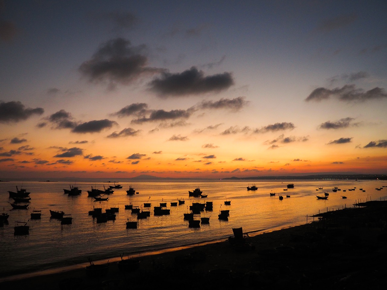 Image - sunset sea fishermen boats evening