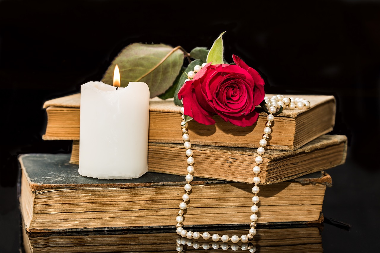 Image - old books rose red rose candle