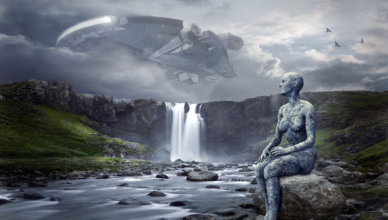 Image - spaceship ufo landscape waterfall