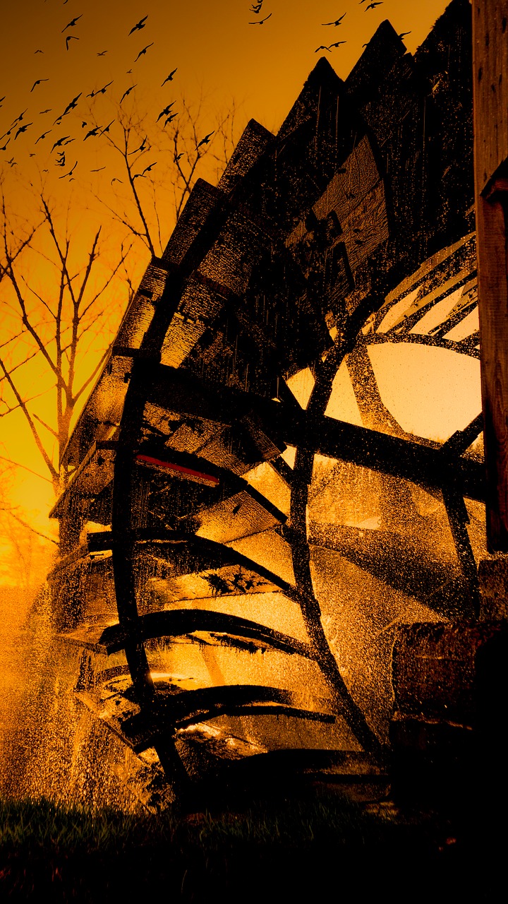 Image - mill wheel sunset water afterglow