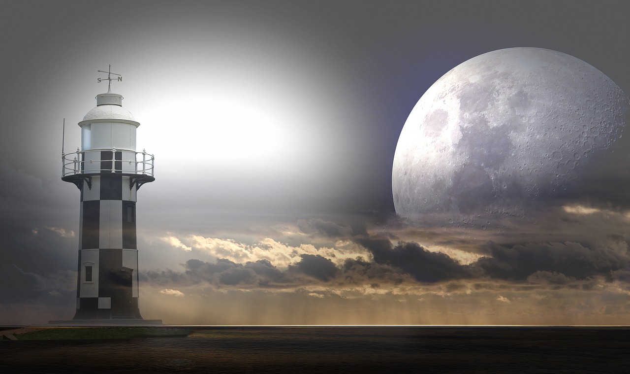 Image - lighthouse moon sea clouds light