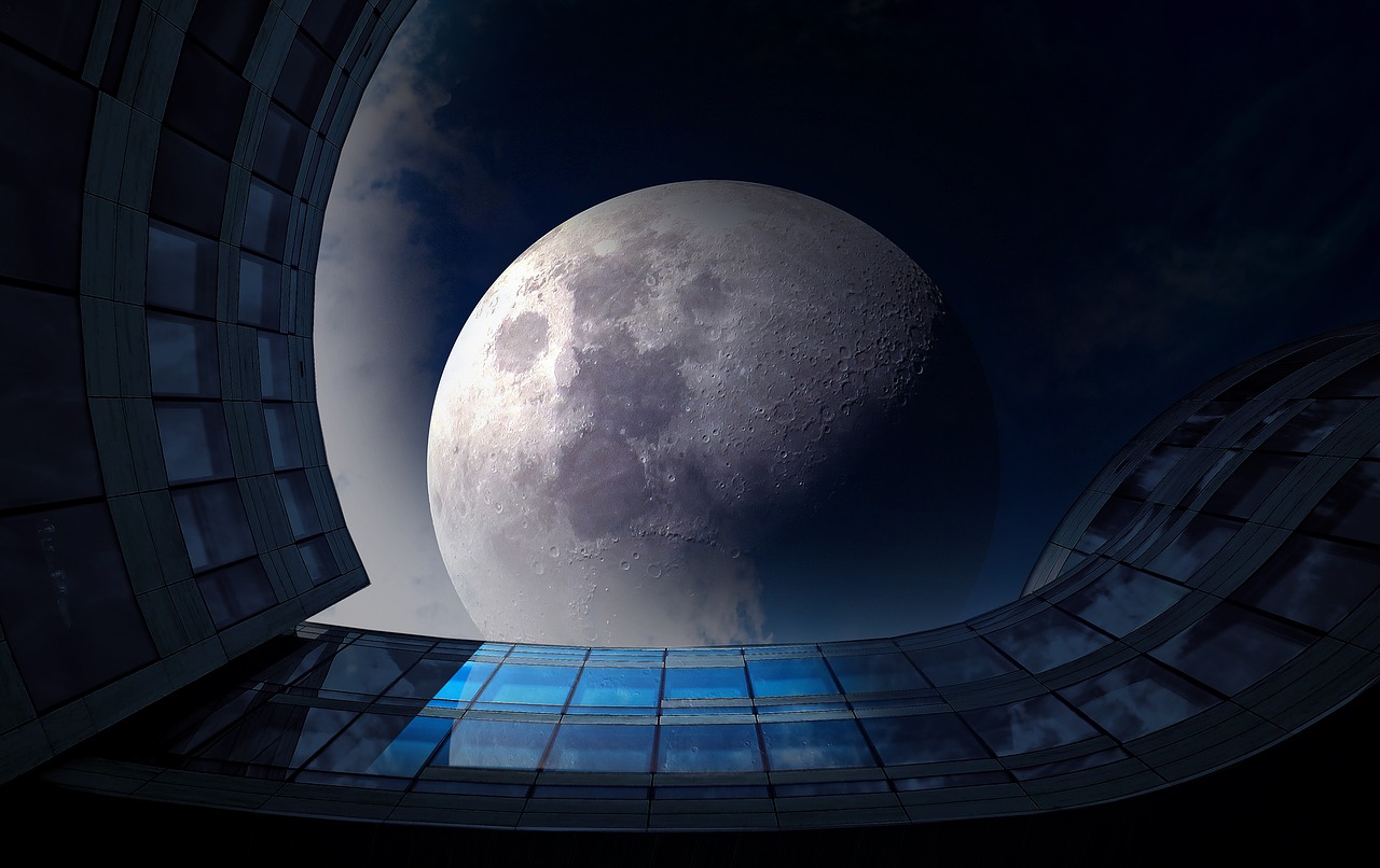 Image - full moon night glass facade sky