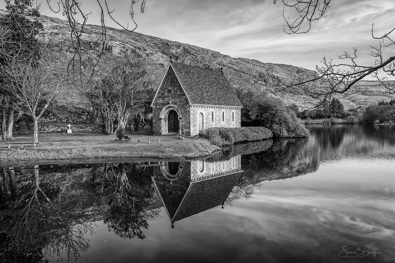 Image - chapel reflection b w nature