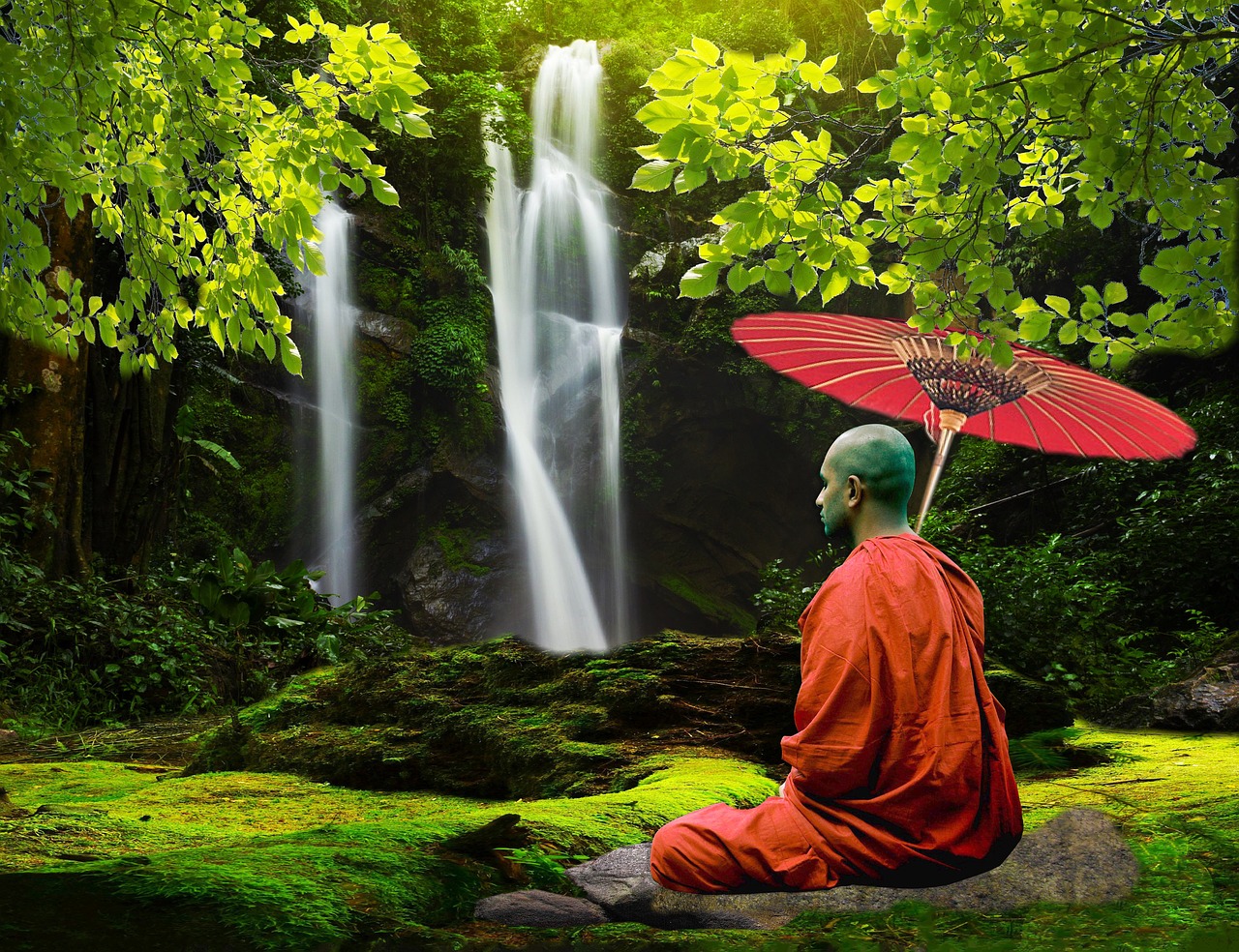 Image - monk waterfall nature tibetan