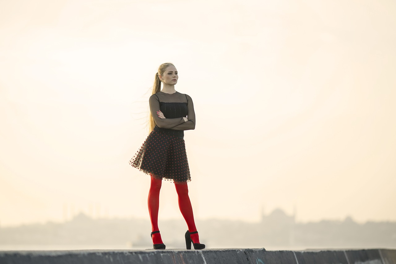 Image - red socks dress hair contact