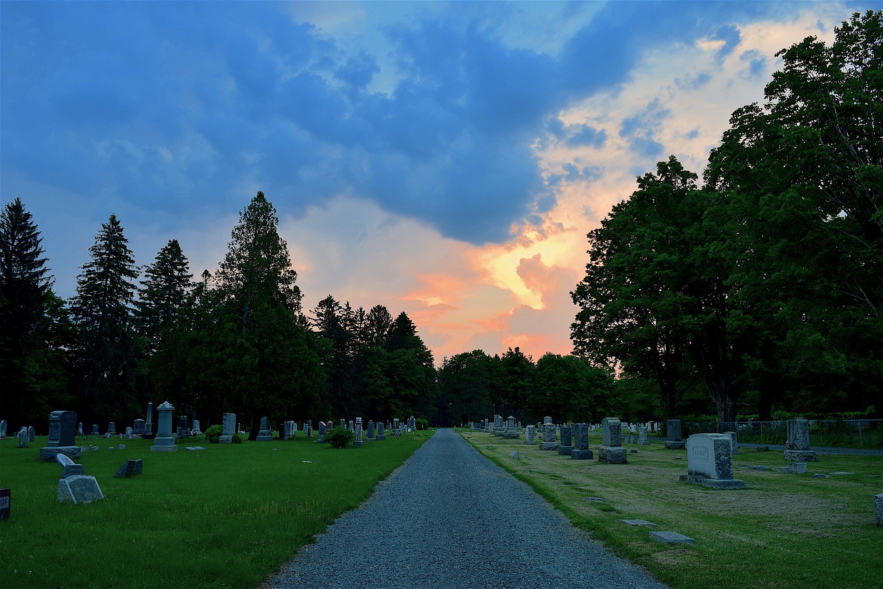 Image - sunset clouds cemetery walkway