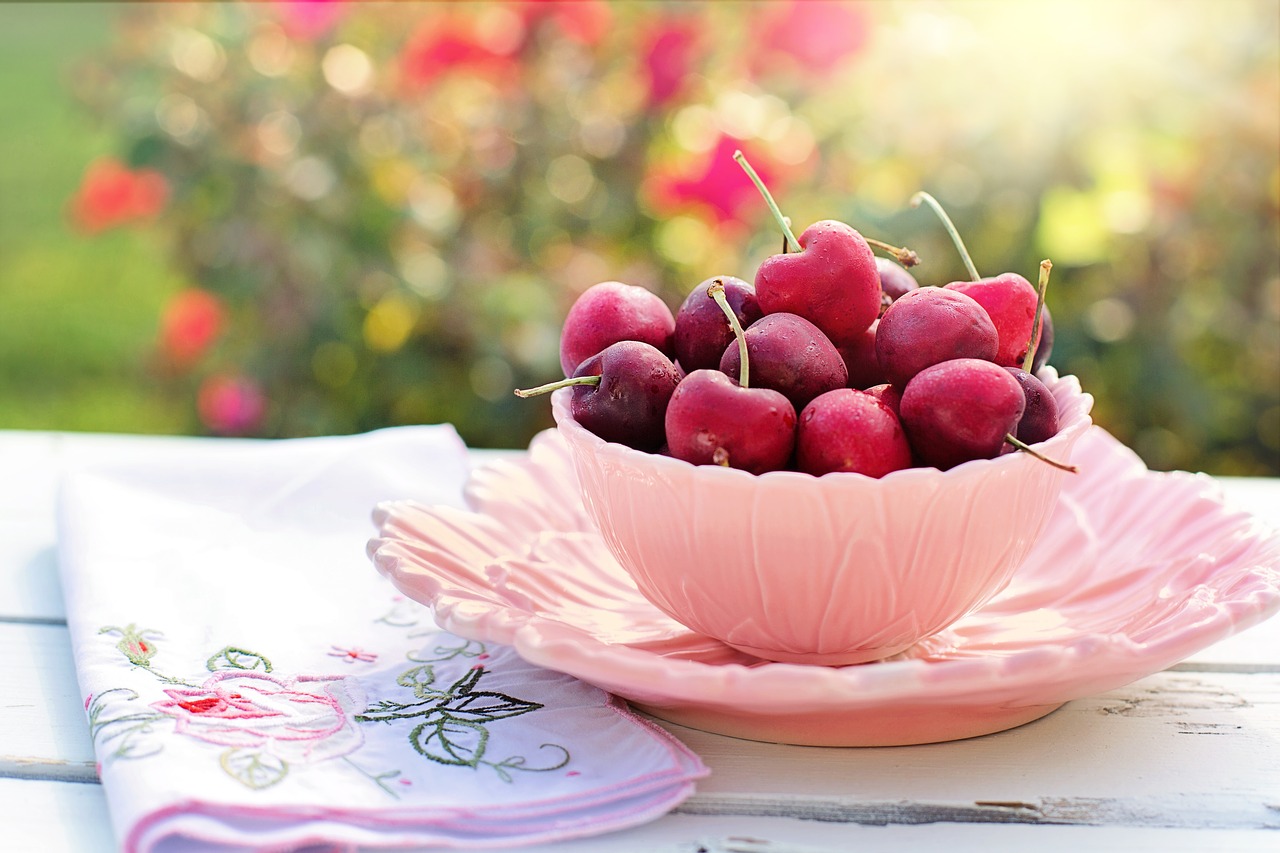 Image - cherries bowl pink fruit breakfast