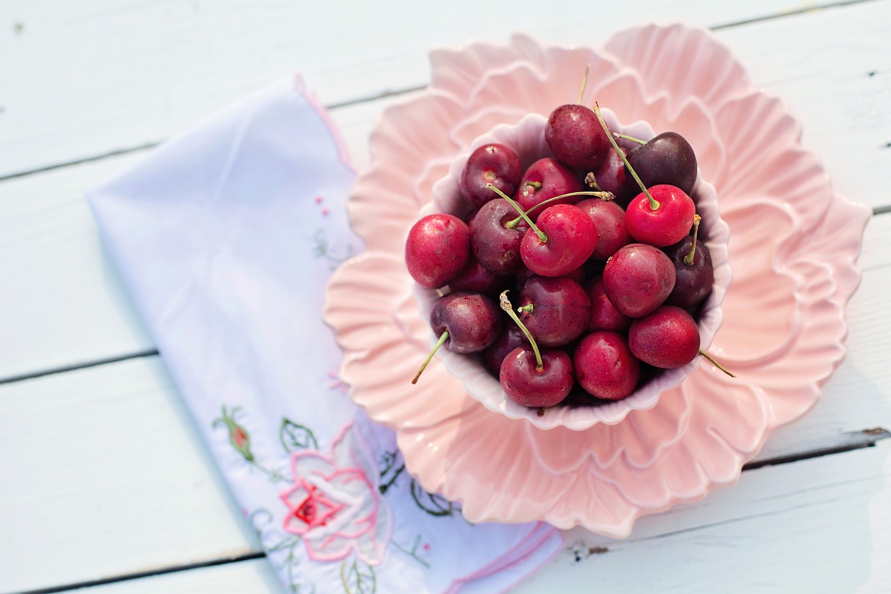 Image - cherries bowl pink fruit breakfast