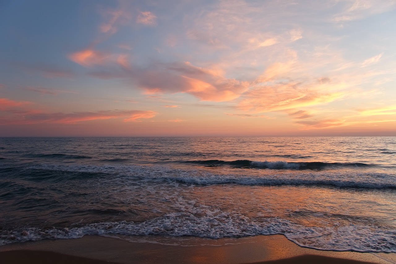 Image - sea wave beach sunset clouds sun