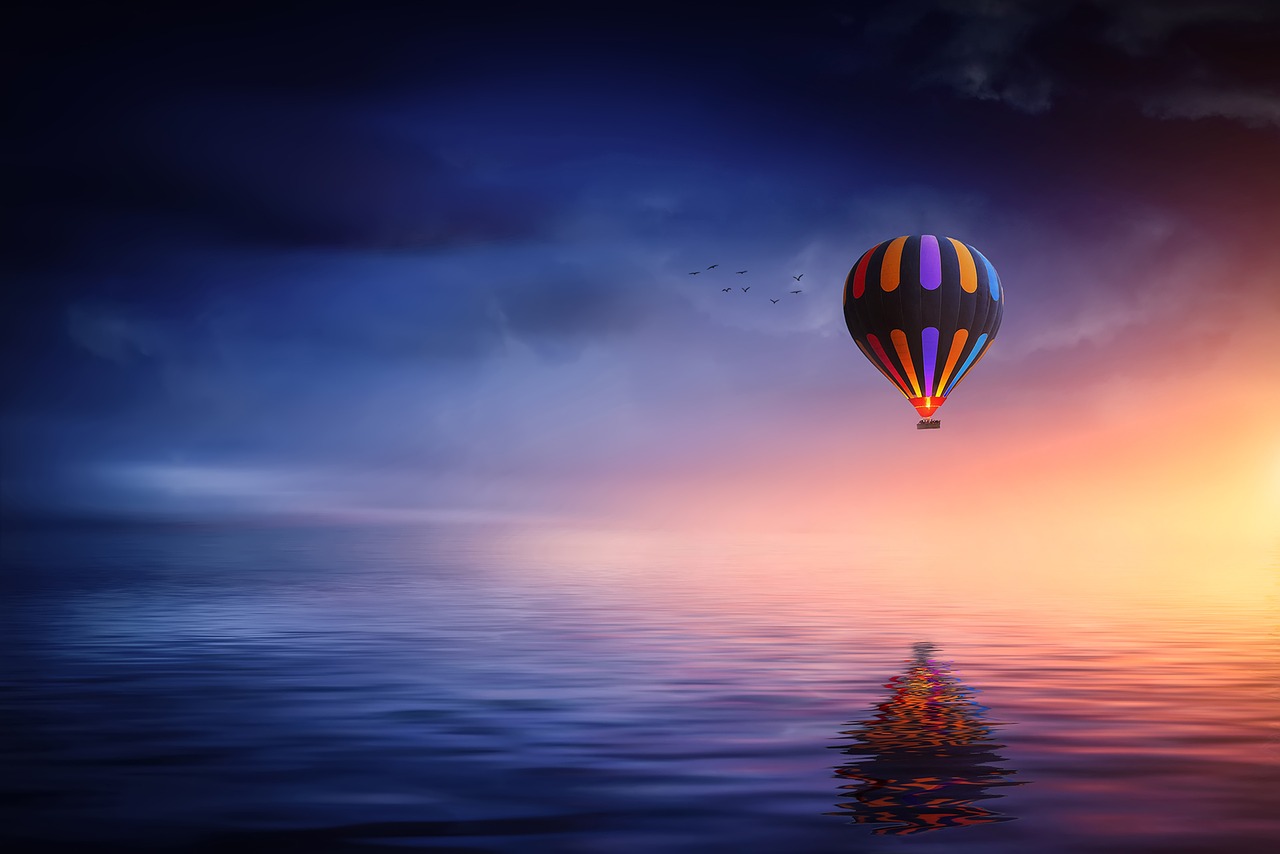 Image - hot air balloon lake balloon sunset