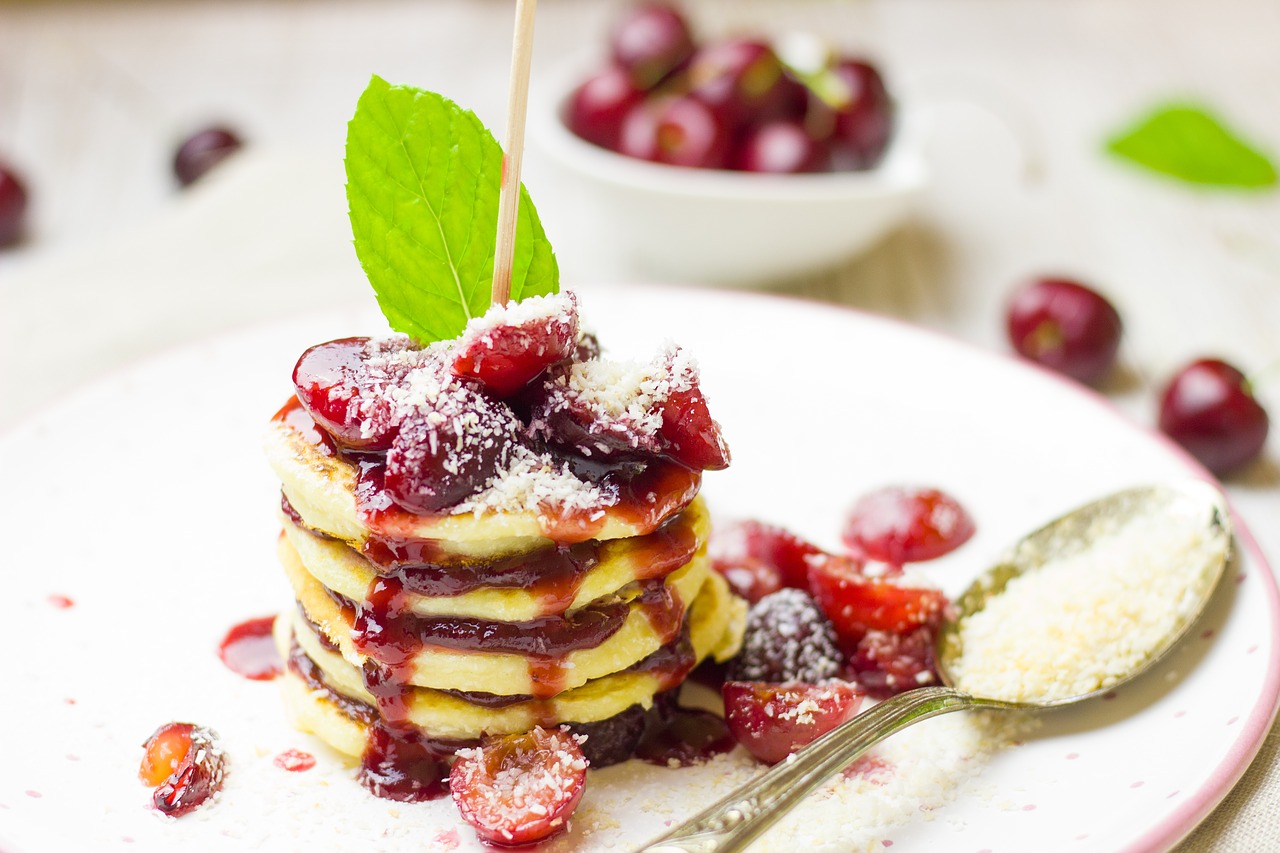 Image - pancakes pancake cherries coconut