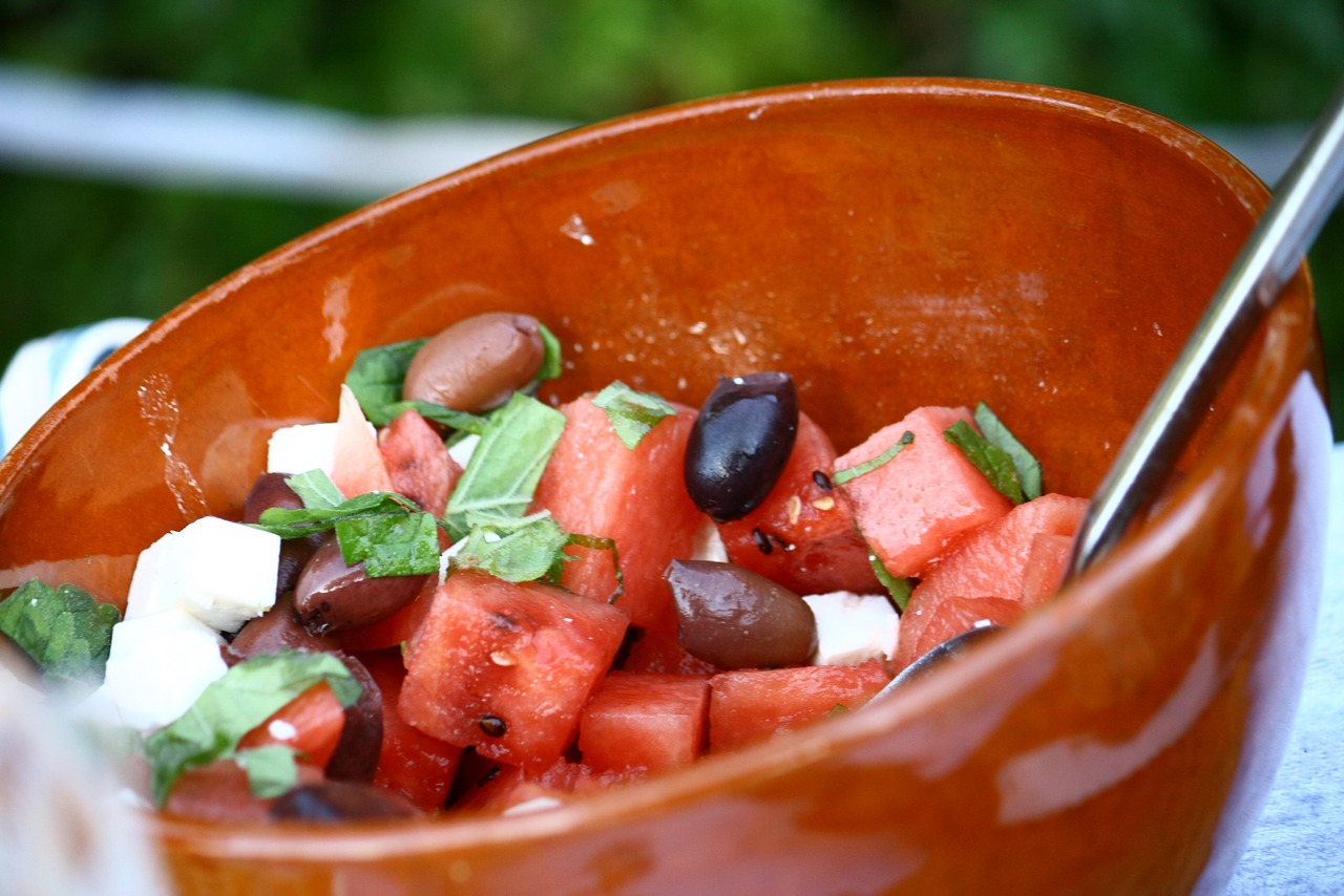 Image - salad olives water melon cheese