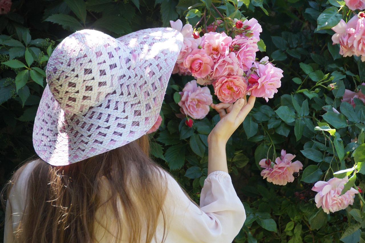 Image - girl hat pink rose rosebush young