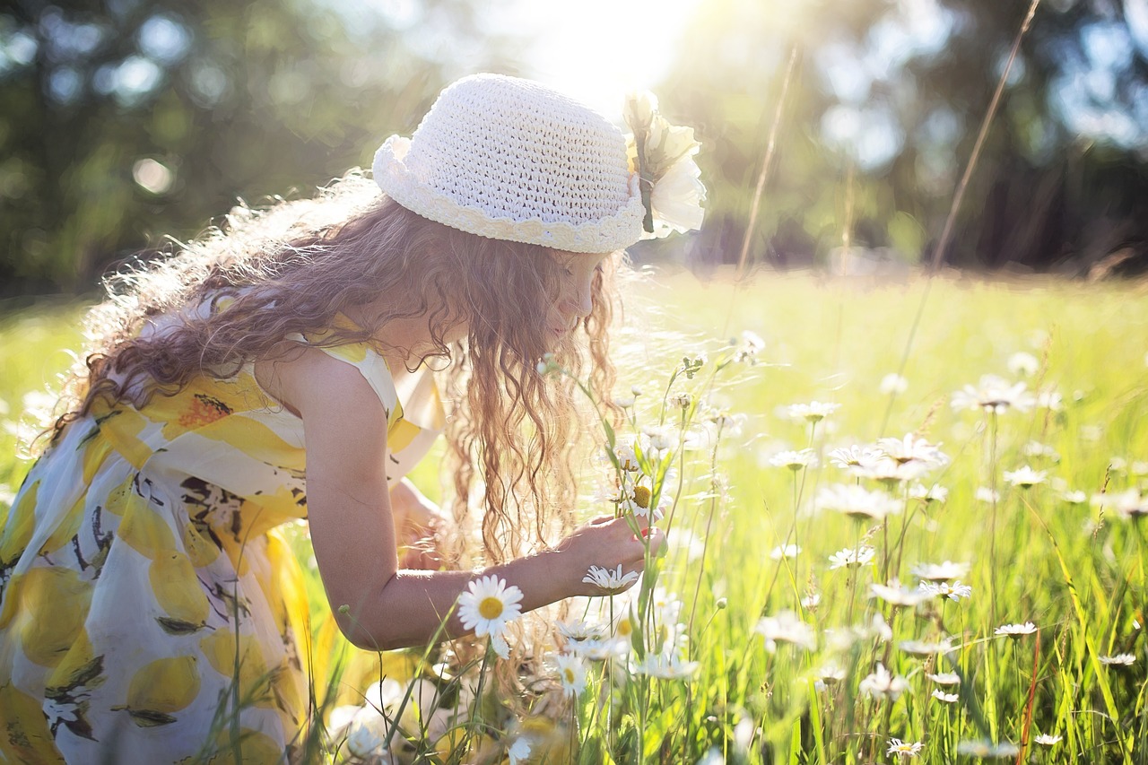 Image - picking flowers daisies little girl