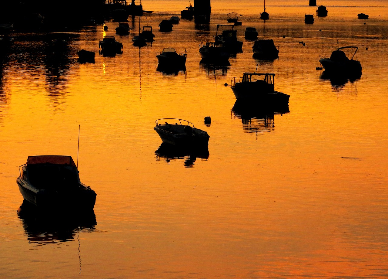 Image - boats sunset bridge water sea