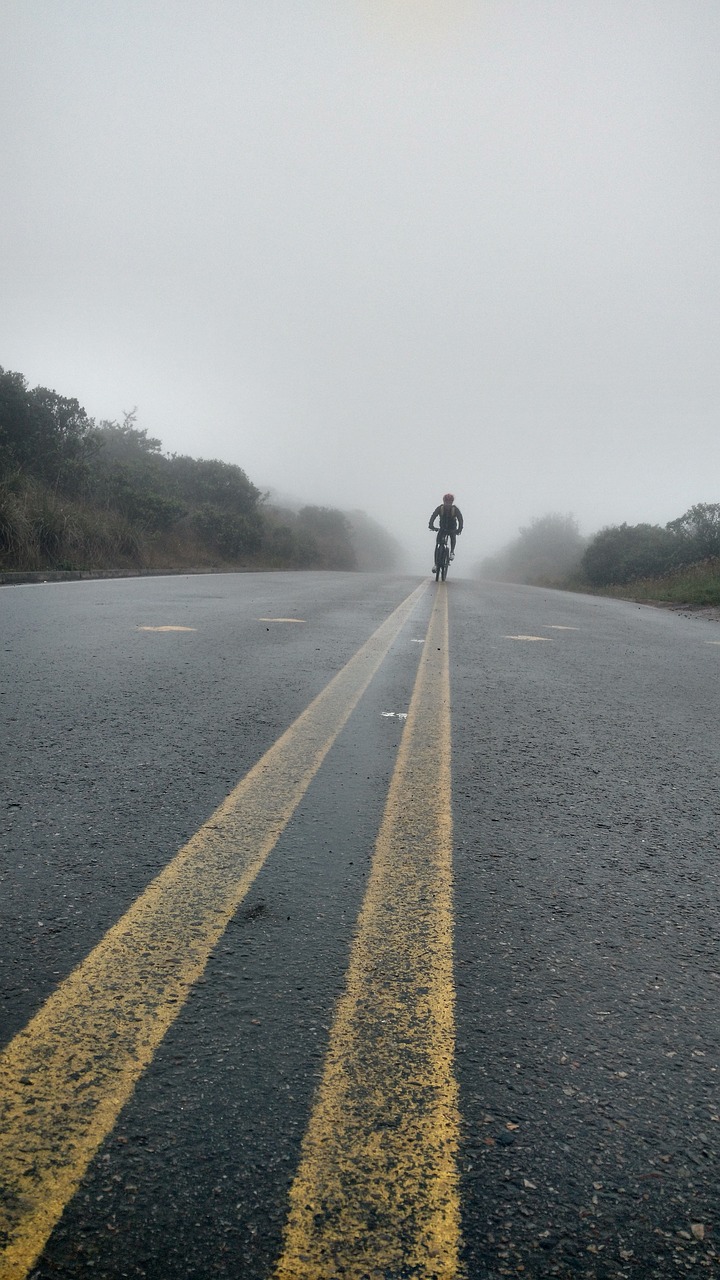 Image - fog road mountain bicycle cloudy