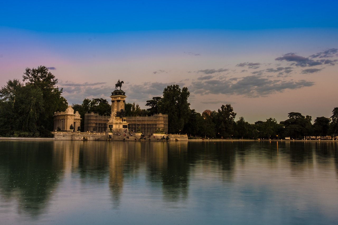 Image - sunset retiro park madrid water