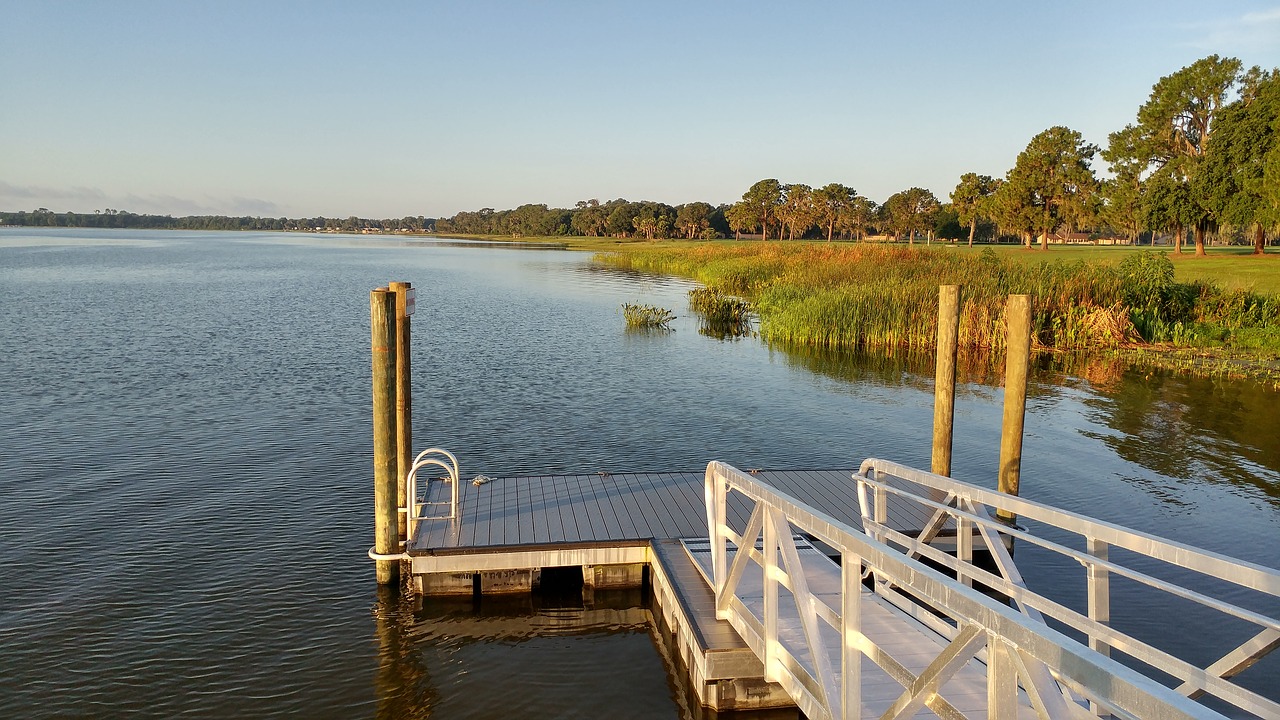 Image - lake dock shore water trees