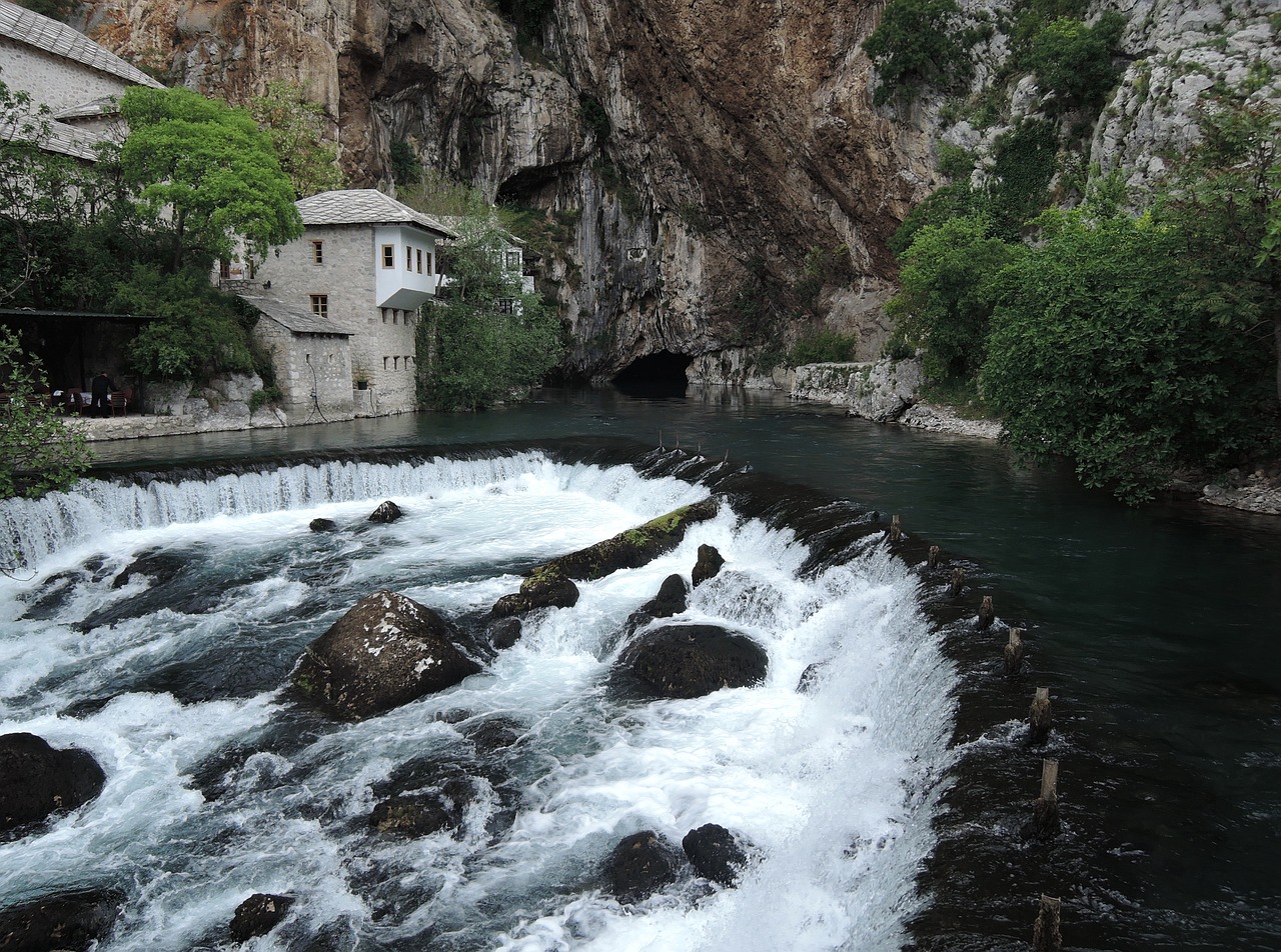 Image - waterfall house river landscape