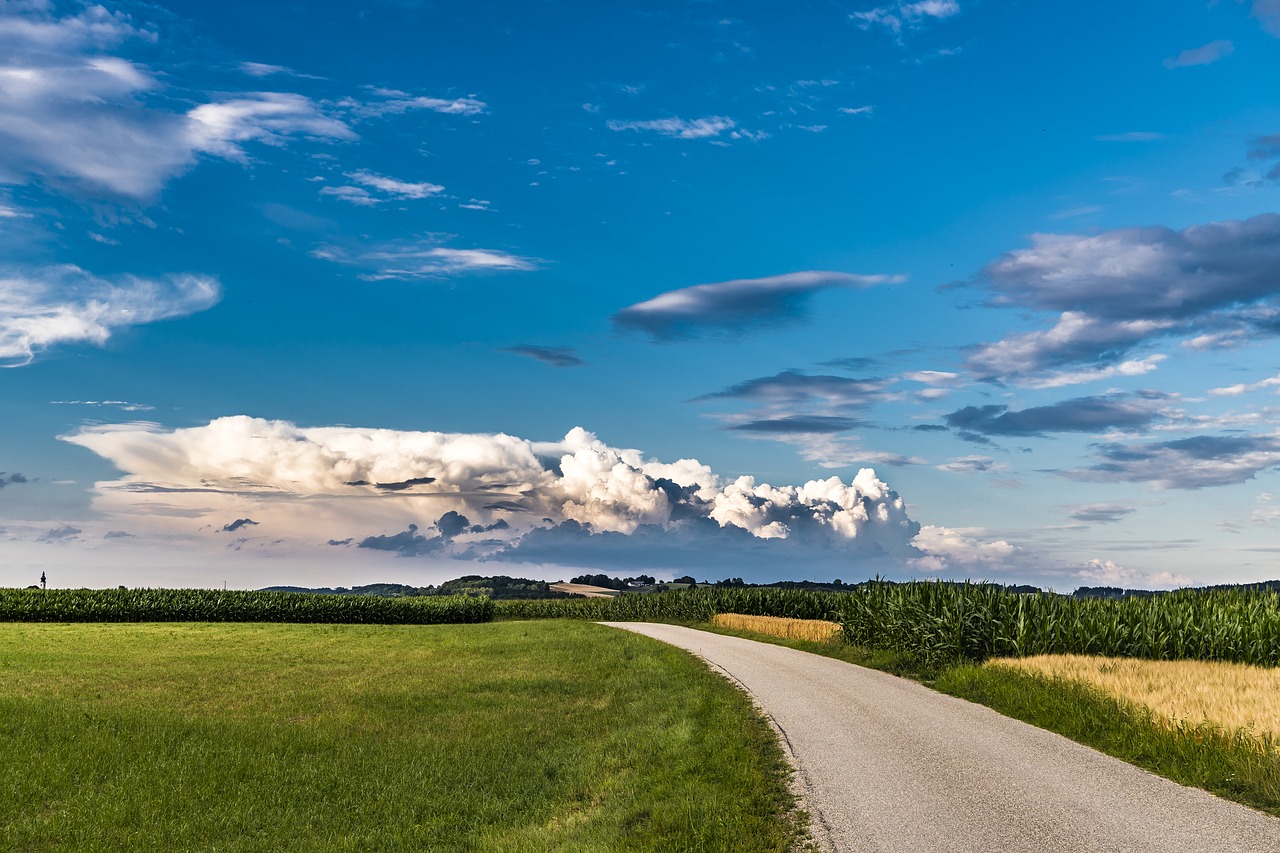 Image - road sky fields clouds blue