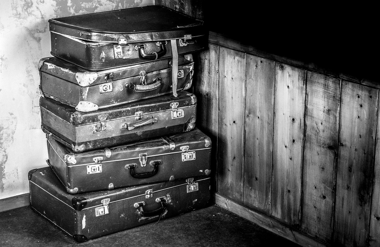 Image - suitcases train black white travel