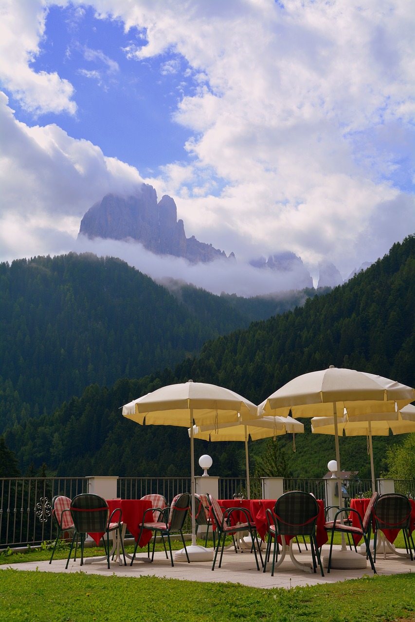 Image - umbrellas mountain dolomites chairs