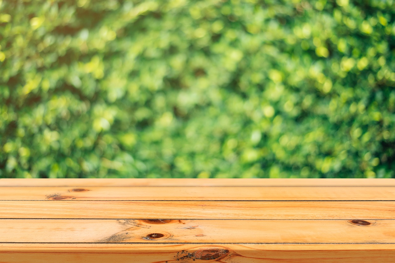 Image - wood wooden table outside bokeh