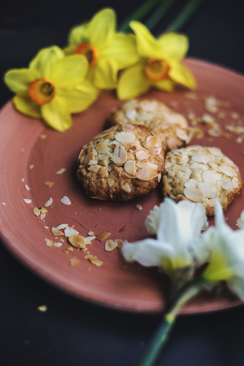 Image - plate food dessert almonds flower