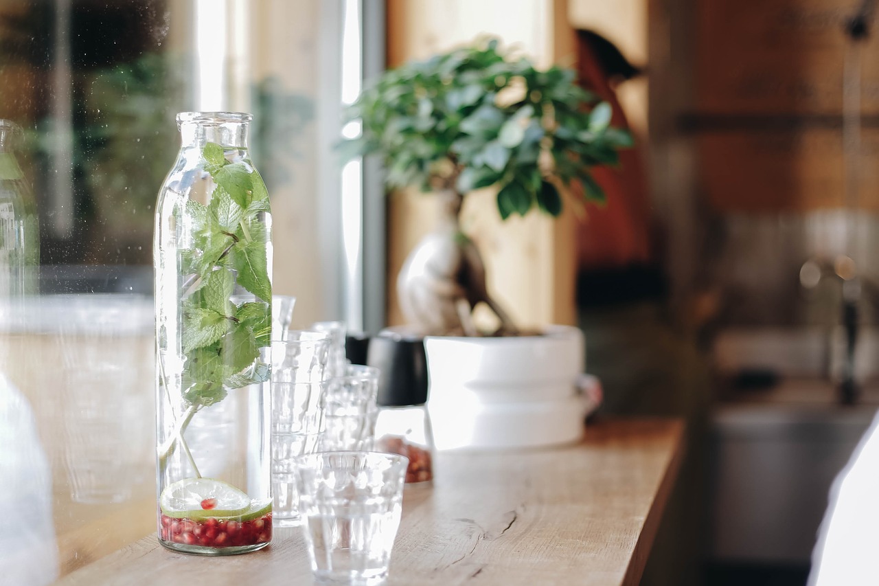 Image - table wood trees green glass jars