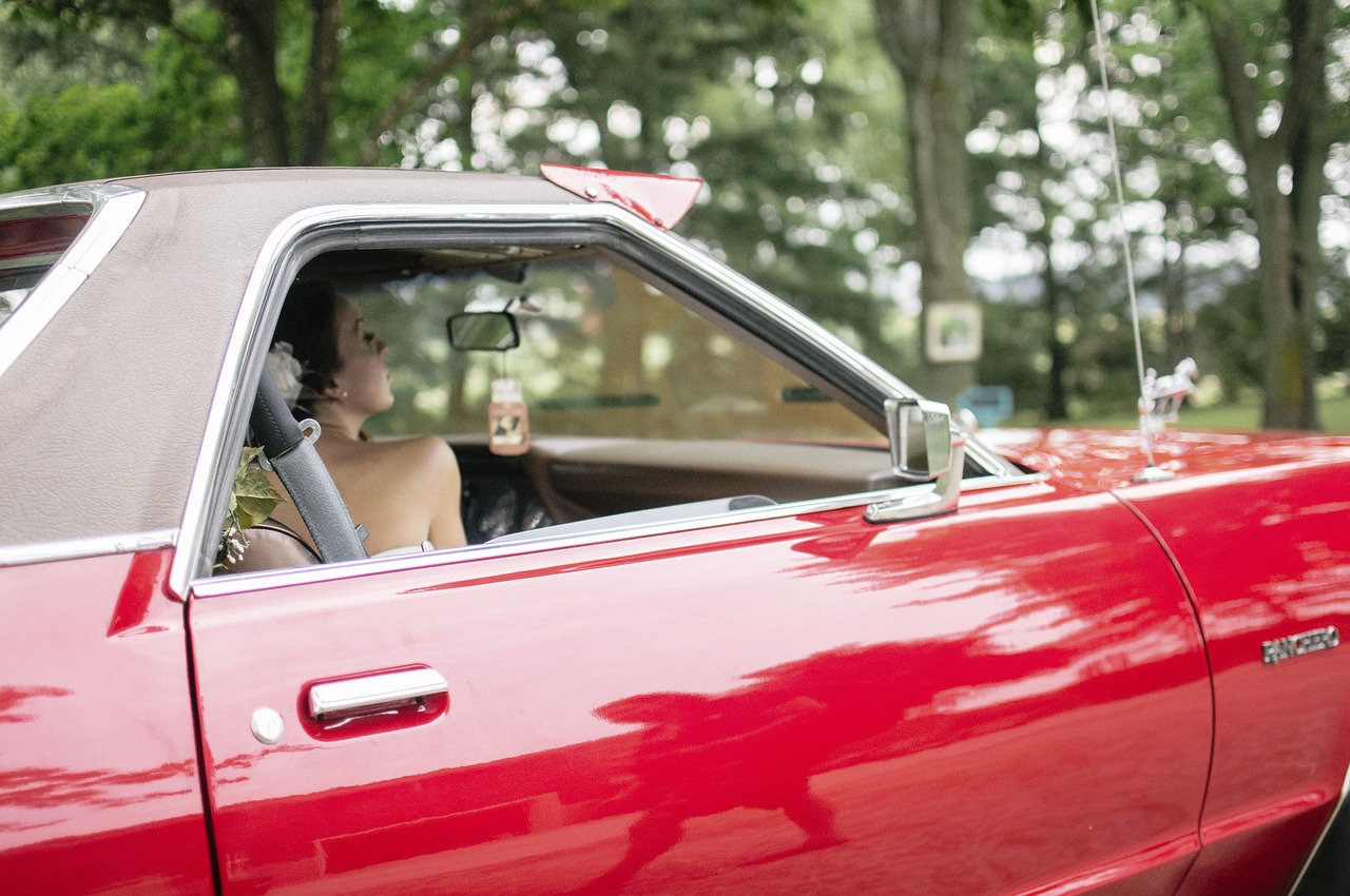 Image - red vintage car people girl woman