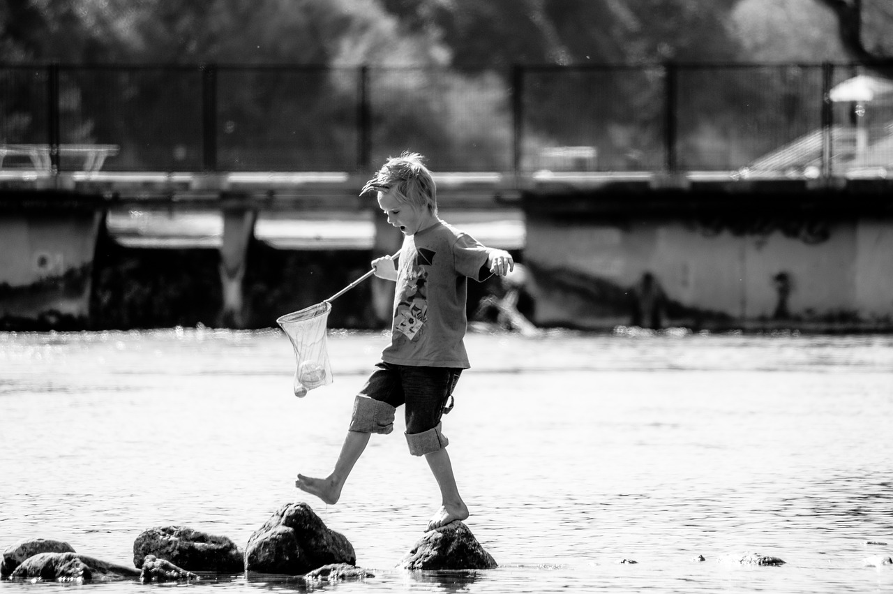 Image - people kid play water net rock