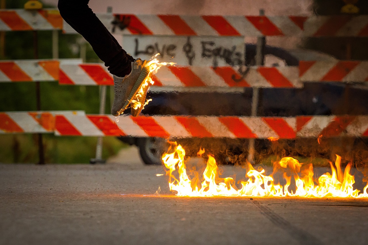 Image - fire shoes flame street fence