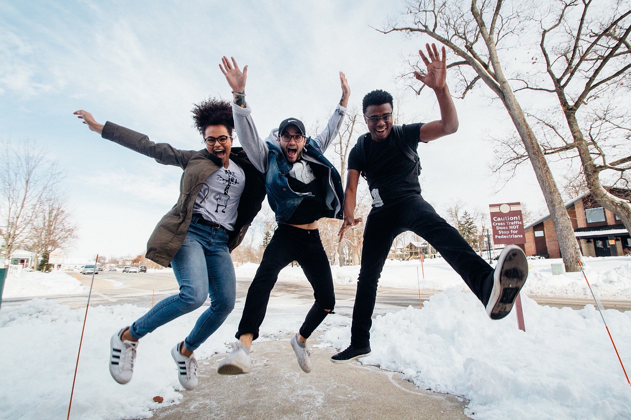 Image - people man happy woman jump snow