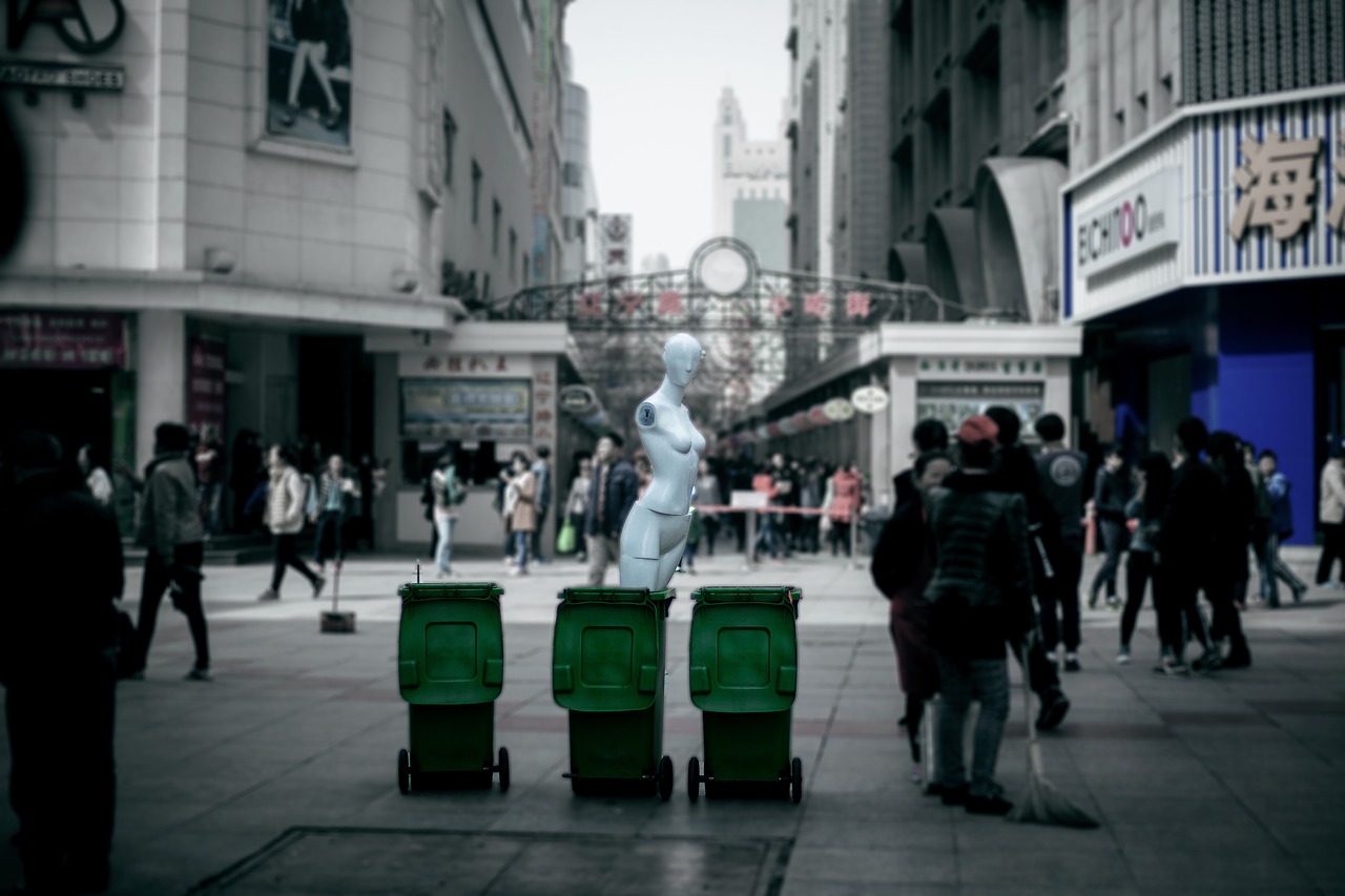 Image - trash bin can people crowd city