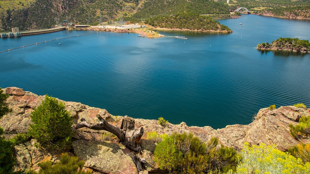 Image - blue lake water trees rocks