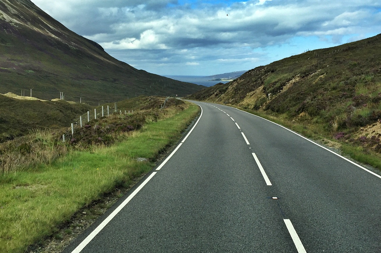 Image - road path travel green grass blue