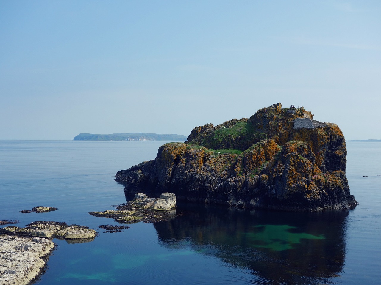 Image - rocks grass sea ocean water blue