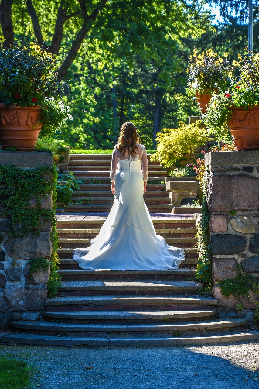 Image - stairway garden wedding gown bride