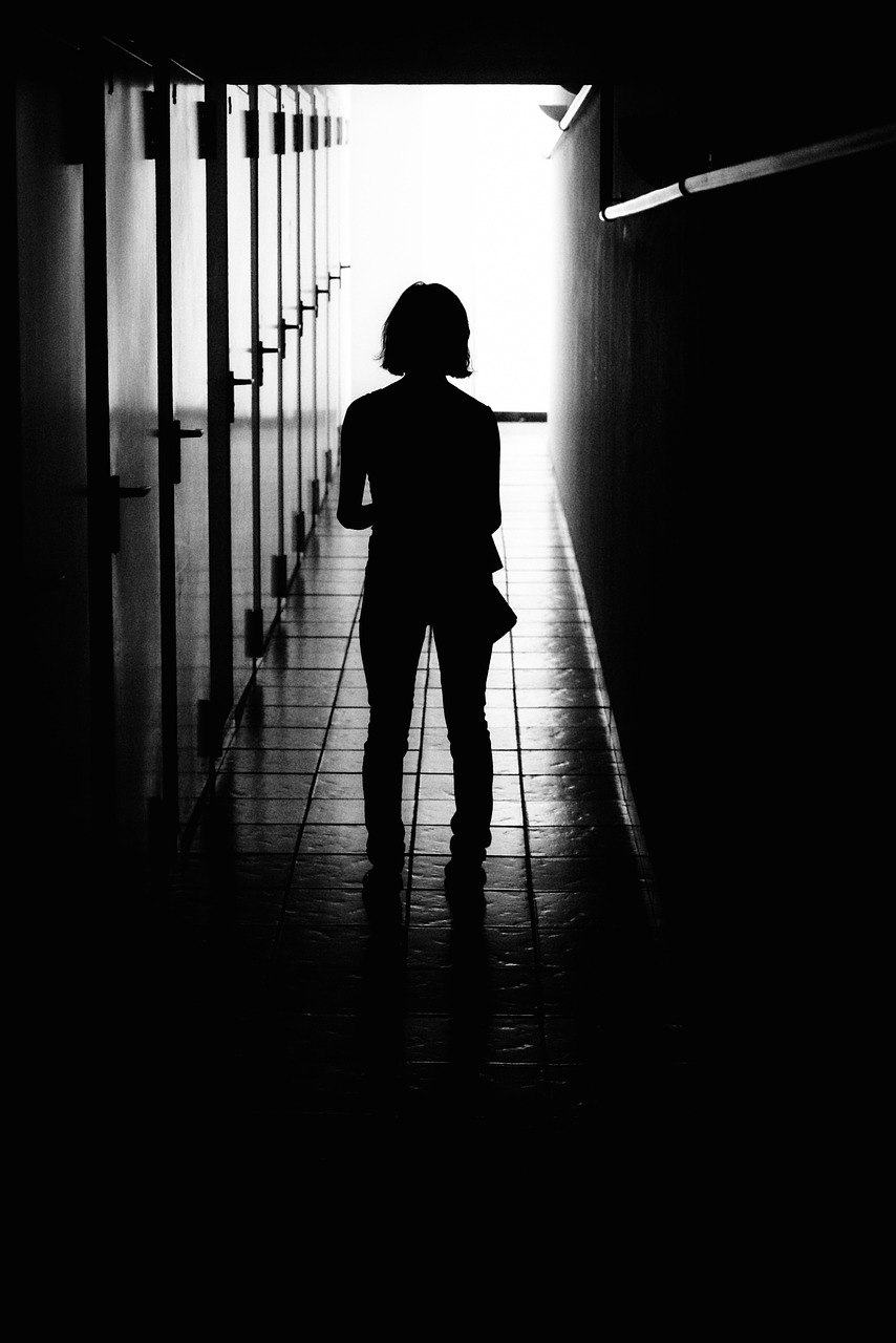 Image - dark people woman door restroom