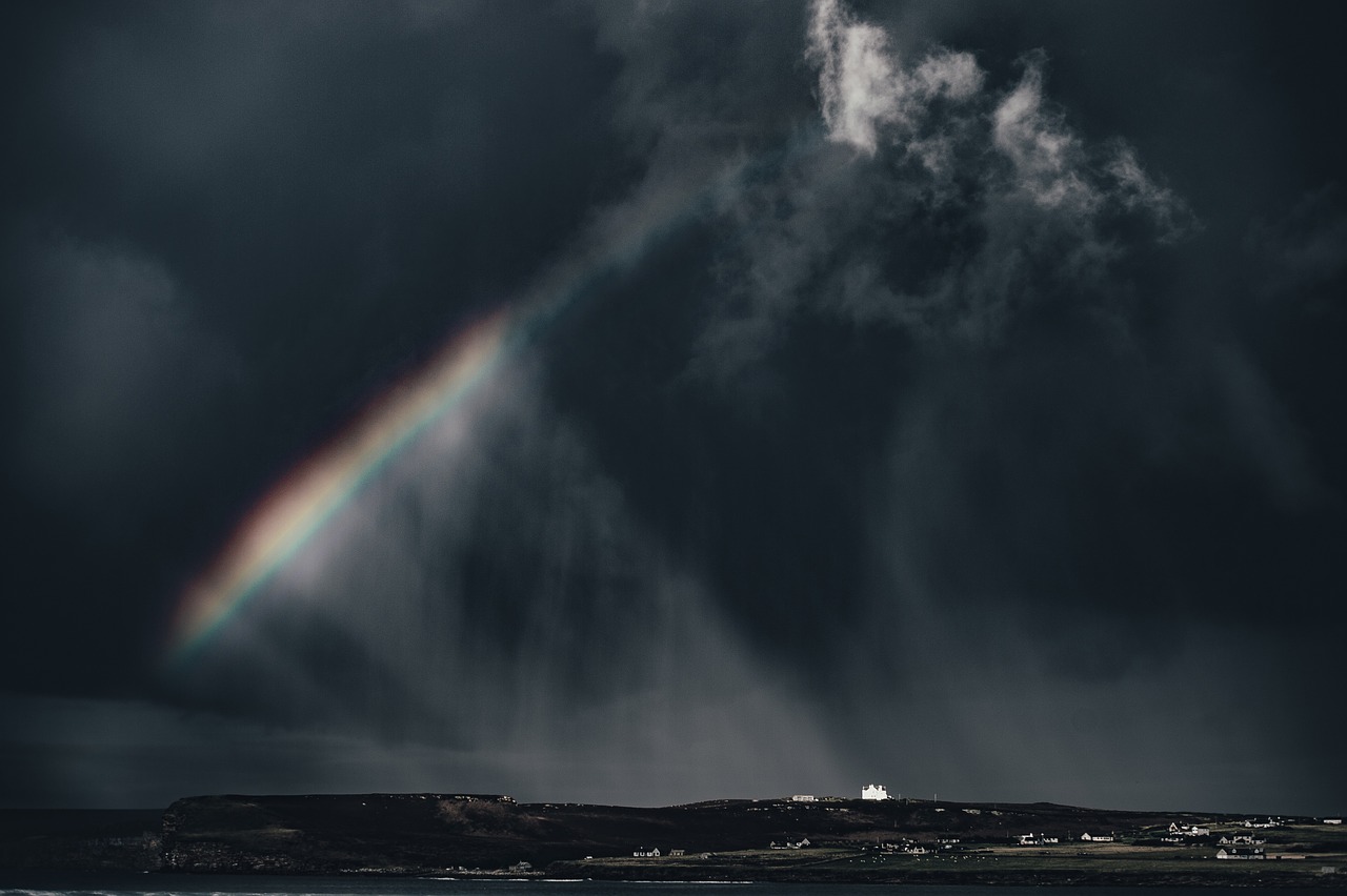 Image - sky clouds rainbow nature house