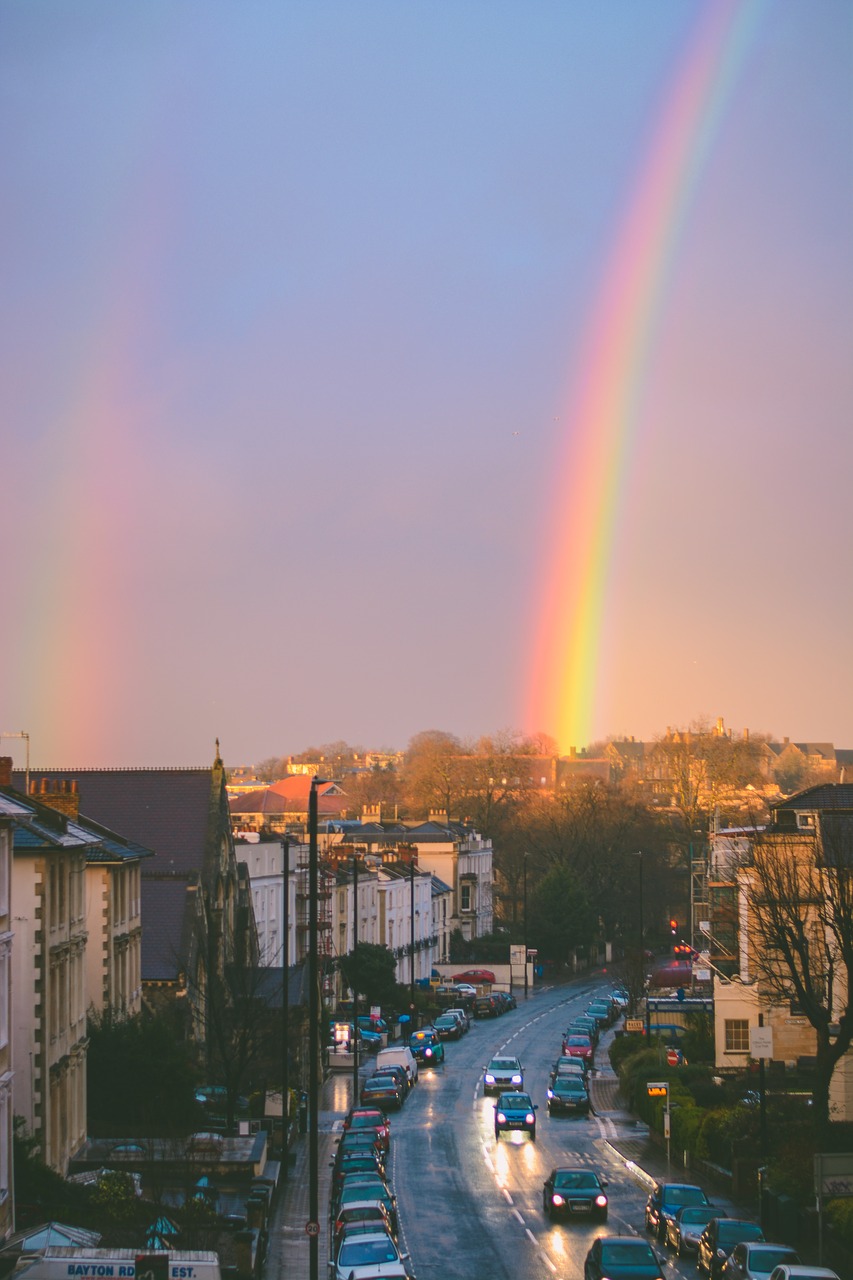 Image - sky rainbow sunset city building