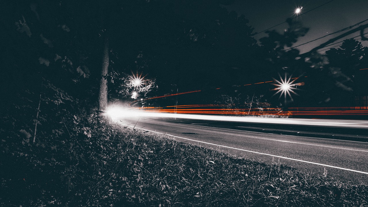 Image - dark night street road grass pole