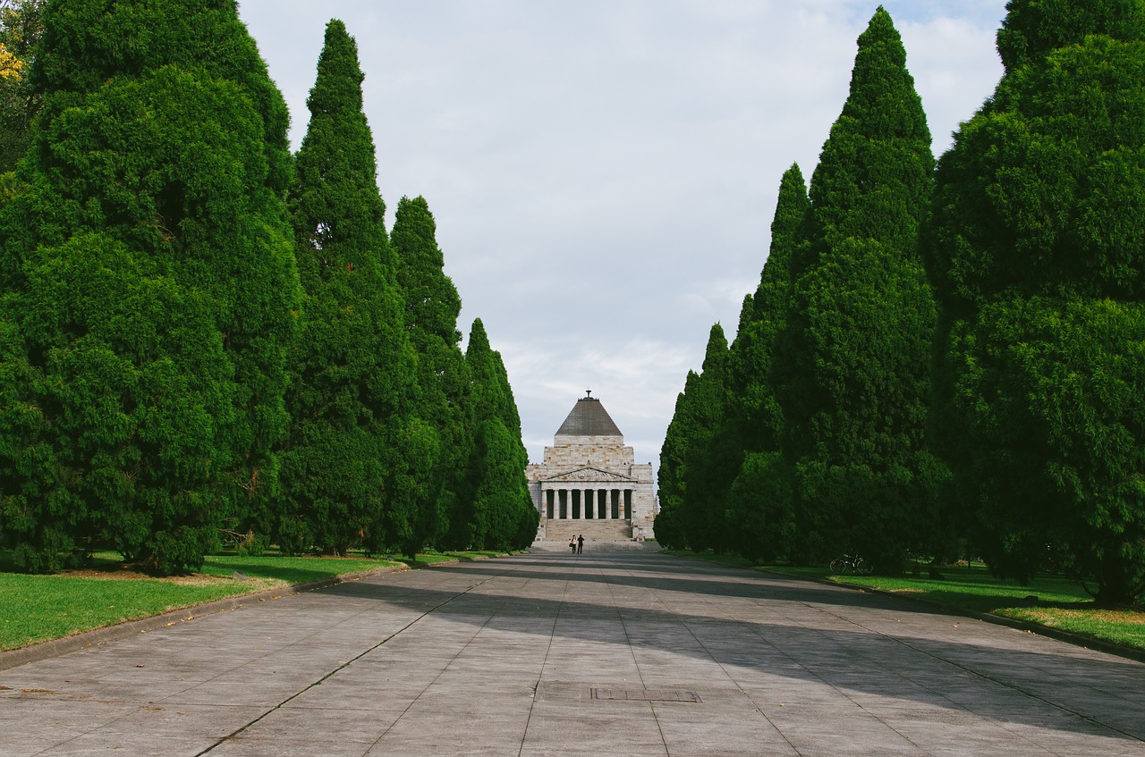 Image - trees green grass pathway building