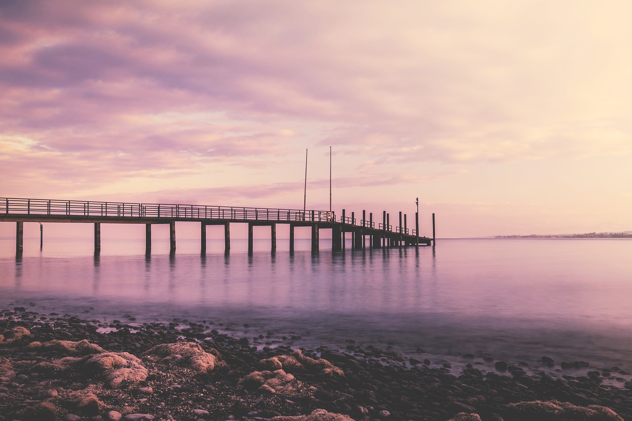 Image - purple sky sunset clouds pier