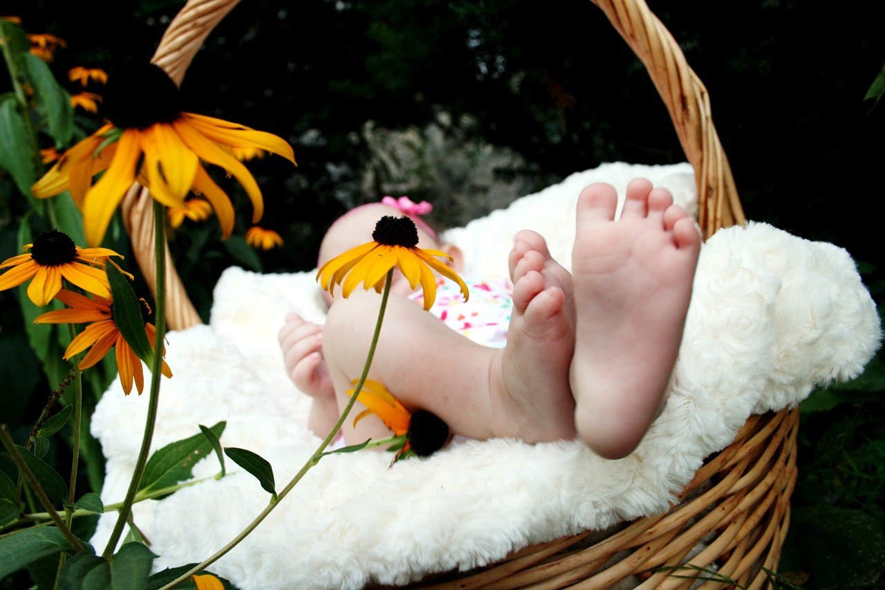 Image - baby feet basket flowers