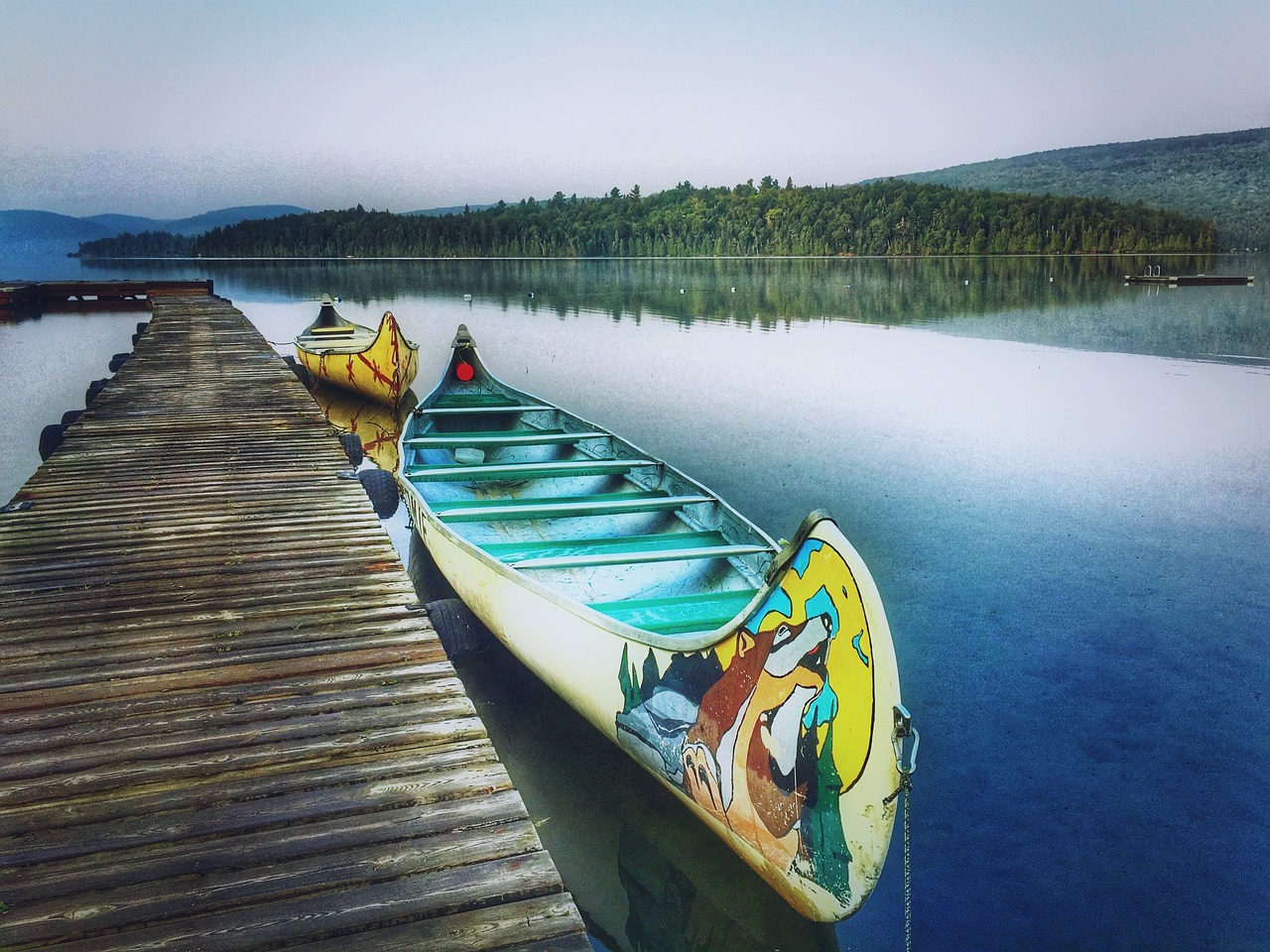 Image - canoe boat dock lake water trees
