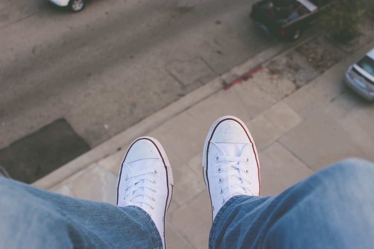 Image - white shoes sneakers jeans aerial